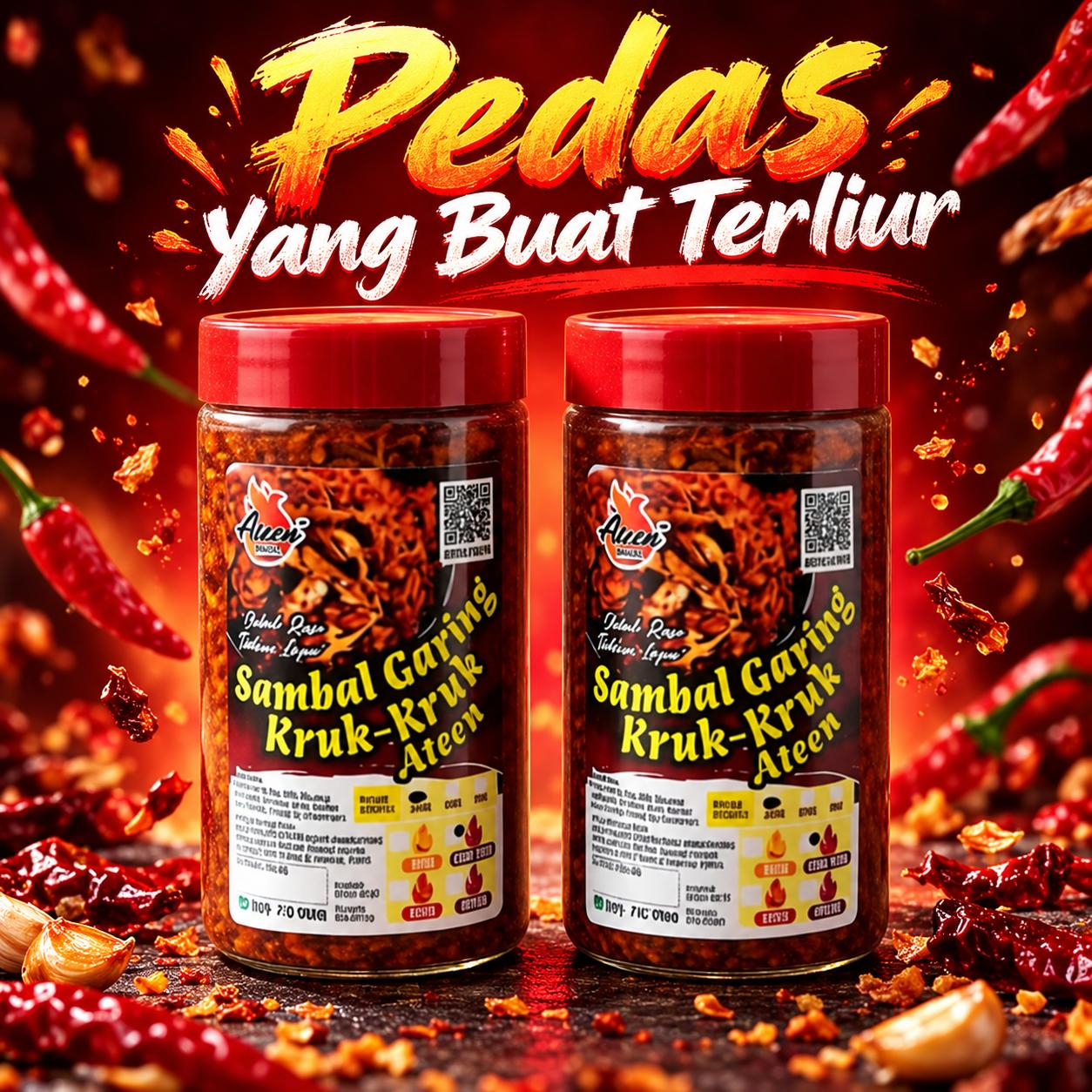 Dua balang Sambal Garing Kruk Kruk Ateen dengan latar cili merah