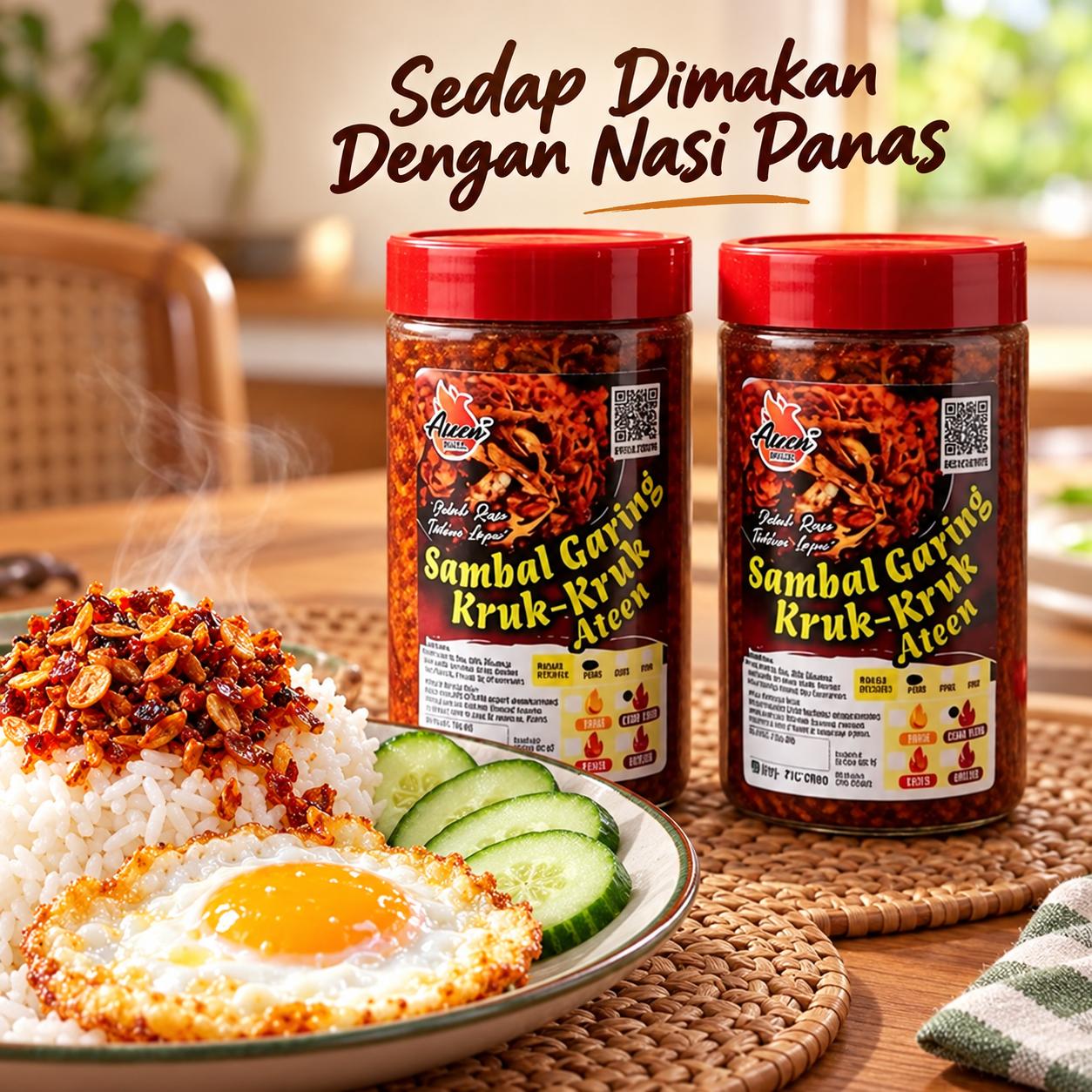 Sambal garing dihidangkan bersama nasi panas dan telur